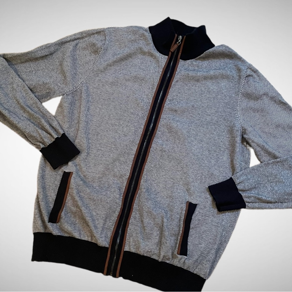 Daniel Bishop Cotton Navy/White/Brown Zip Sweater XL